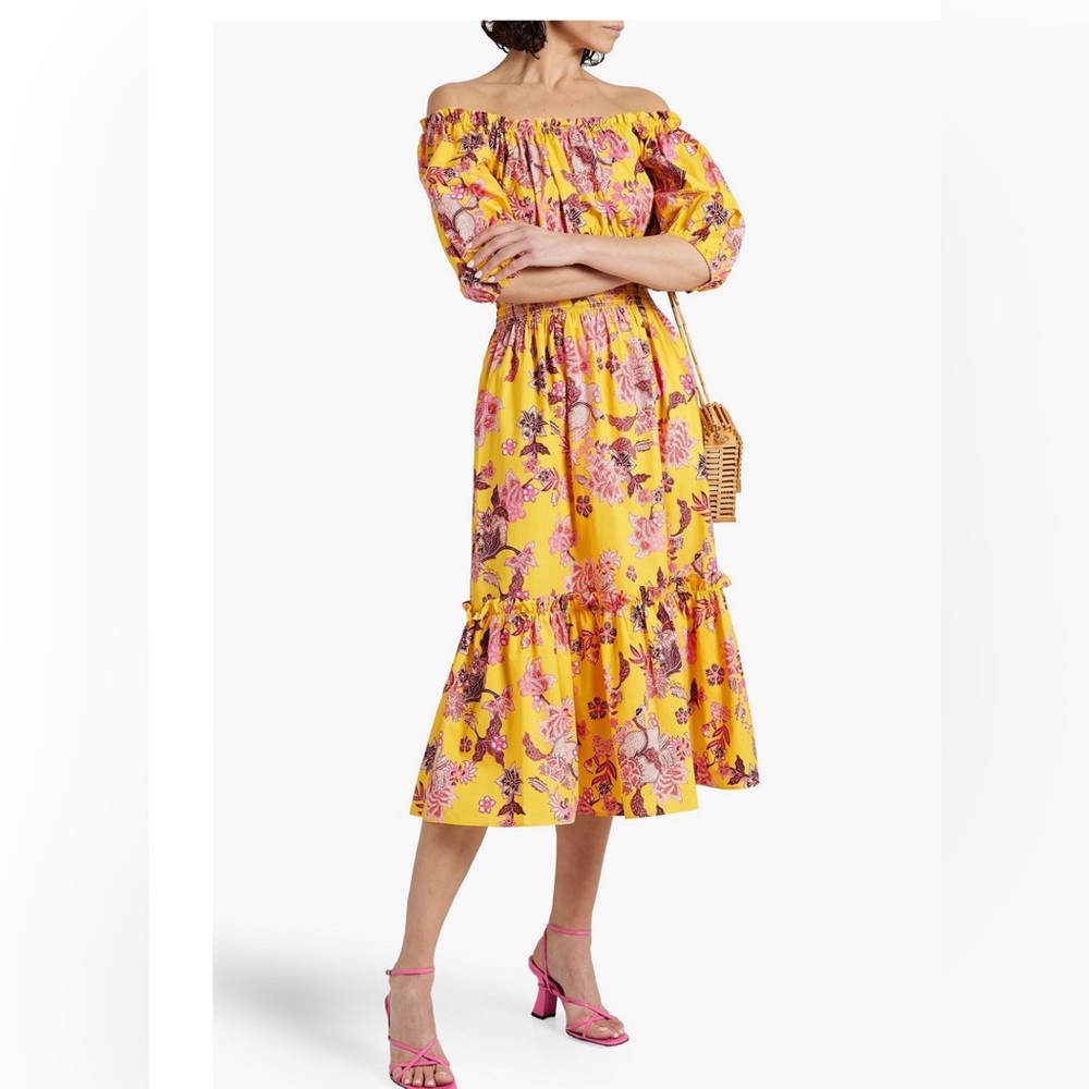 NWT Cara Cara Mimi Cotton Poplin Off Shoulder Smocked Floral Midi Dress Yellow S